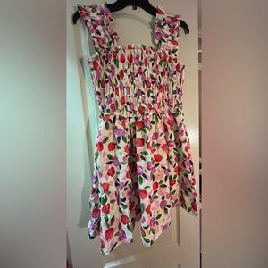 English Factory White Floral Smocked Mini Dress with Pink & Red Flowers